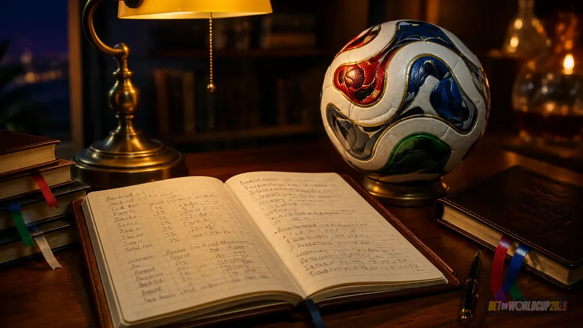Buku lejar terbuka dengan lajur tanda semak, pen dakwat tembaga dan bola Adidas Trionda 2026 — ilustrasi contoh saiz unit sebelum CLV