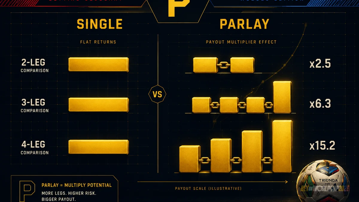 Carta perbandingan visual yang membezakan rantaian odds parlay dengan odds pertaruhan tunggal
